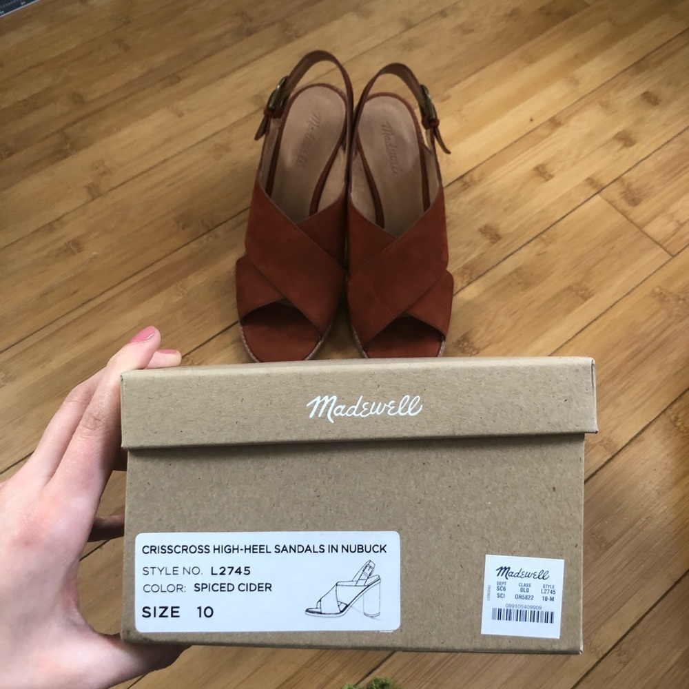 Madewell Ruthie Crisscross Nubuck Suede Chunky Block Heels Spiced Cider Size 10 - Picture 5 of 9